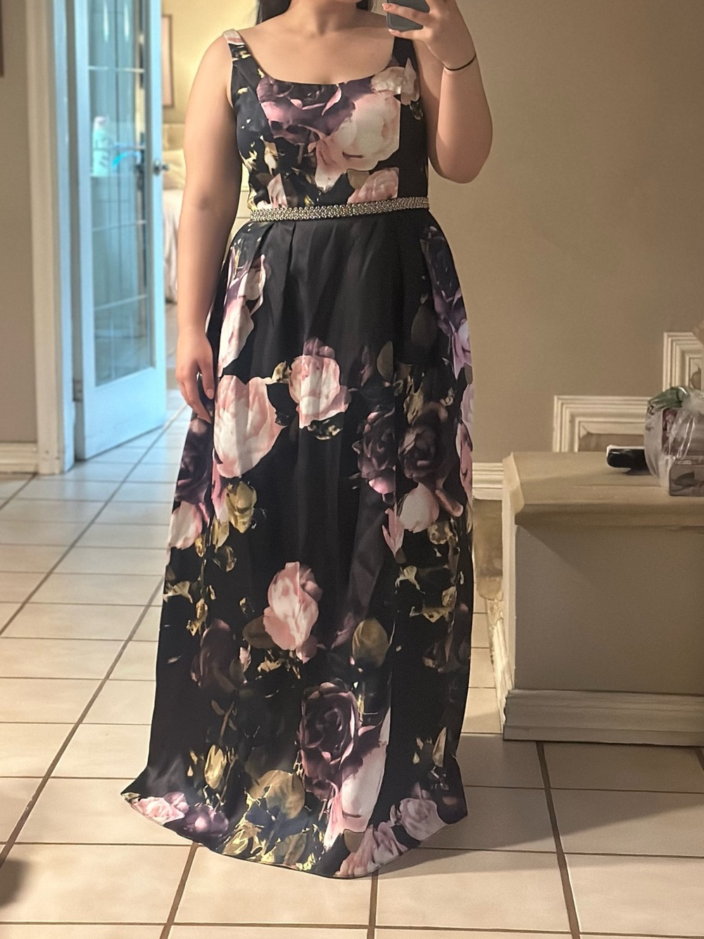 Floral Black A-Line Evening Dress with Pink & Purple Roses